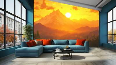 Sun setting behind a mountain range, casting golden light across the landscape. Wall mural