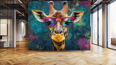 Surrealist giraffe in colorful glasses, whimsical background, blending wildlife with creativity. Wall mural