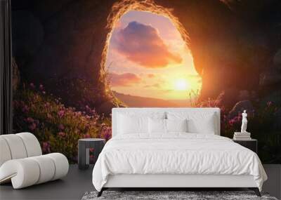 The empty tomb with the sun rising in the background, symbolizing hope and resurrection on Easter morning. Wall mural