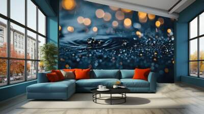 Tiny water droplets rest on a dark surface, shimmering like diamonds in the light, creating an abstract and tranquil scene of natural beauty Wall mural