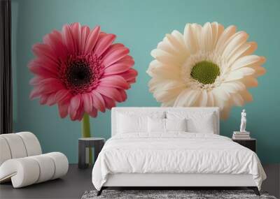 Two beautiful flowers in different styles, highlighting their individual charm, set against a minimalist background. Wall mural