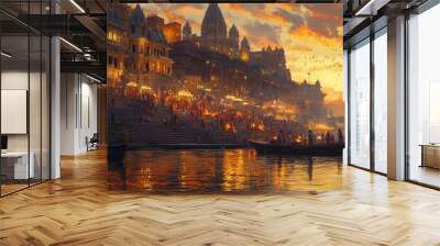 Varanasi Ghats at Sunset: The ghats of Varanasi with people performing evening aarti rituals by the Ganges River, illustrating the spiritual heart of India. Wall mural