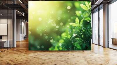 Vibrant green blurred backdrop with rays of sunlight streaming through, offering a fresh and rejuvenating feel. Wall mural