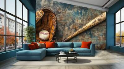 Vintage baseball glove, bat, and ball laid out on a textured background, evoking the golden era of baseball for enthusiasts and fans alike. Wall mural