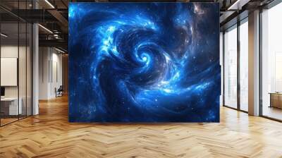 Vivid blue galaxy with swirling stars and cosmic dust, capturing the beauty and mystery of the universe in a breathtaking celestial background. Wall mural