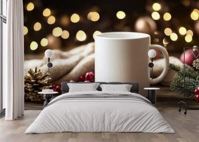 White mug ready for customization, set among Christmas decorations with soft bokeh lights creating a holiday mood Wall mural