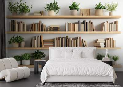 Wooden bookshelves filled with books and potted plants, isolated on a white background for a modern, natural decor vibe. Wall mural