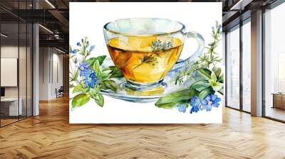 Watercolor herbal tea, light amber, teacup with herbs, isolated on white background Wall mural