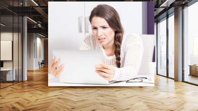   Displeased woman having problem of computer error cyber security attack Wall mural