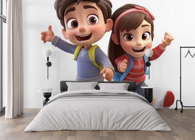 3D cartoon happy boy and girl character on transparent background. Generative AI Wall mural