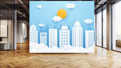 City landscape with building, clouds and sun on blue sky background. Cityscape in paper cut style. Vector illustration.  Wall mural