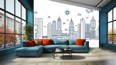 Cityscape. Modern flat line landscape vector. City landscape line art illustration with building, tower, skyscrapers. Vector illustration. Wall mural