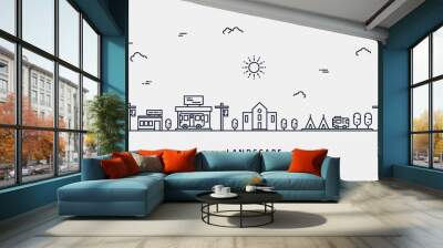 Vector landscape with houses, building, tree, sky. Suburban landscape. Flat line art design vector. Wall mural