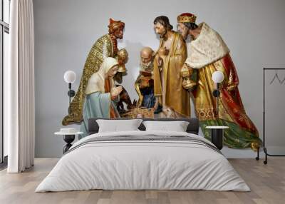 Figurine nativity Christmas scenes.Isolated Wall mural