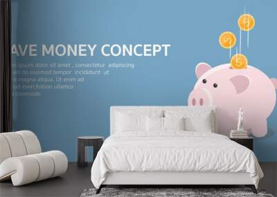 Piggy bank with falling gold coins. The concept of saving or save money. Vector illustration with place for your text or copy space. Wall mural