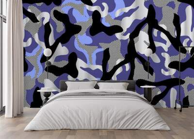 khaki Camouflage seamless pattern in blue and silver and black colors. points background army fashion vector Wall mural