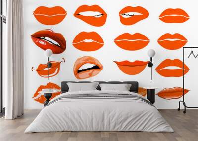 Orange lips. collage  Vector illustration. Lips set. design element. Woman's lip gestures set. Girl mouths close up with red lipstick makeup expressing different emotions. EPS10 vector. Wall mural