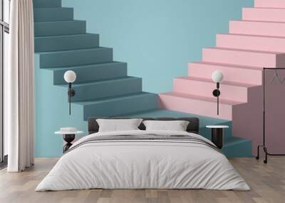 Abstract mock up scene. blue and pink staircase on blue background. 3D rendering Wall mural