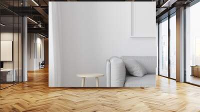 Interior of living room modern style with  fabric sofa, side table and empty white frame on wood floor Wall mural