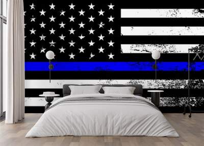 American flag with police support symbol, Thin blue line. American police in society as the force which holds back chaos, allowing order and civilization to thrive. Poster, card, banner, background Wall mural