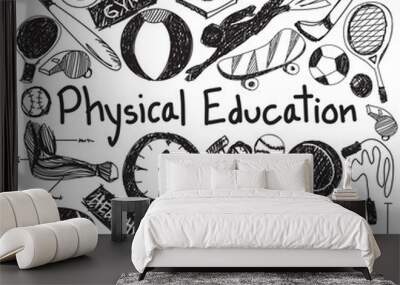 physical education exercise gym doodle icon of sport tool sign and symbol in white isolated backgrou Wall mural