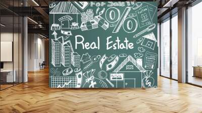 Real estate business industry and investment chalk handwriting doodle sign and symbol in black board background used for education subject presentation or introduction with sample text (vector) Wall mural