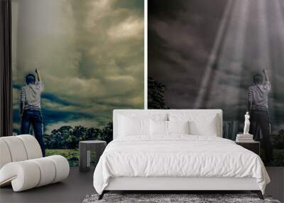 Rough illustration of a man challenging the sky with light shine Wall mural