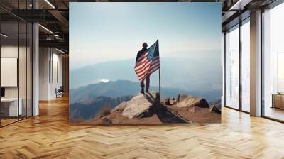 A man on top of a mountain holding a american flag,  generative AI Wall mural