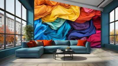 Colorful background of clothes. A Spectrum of multi colored background aligned  Wall mural