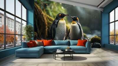 Penguin couple cuddling in soft nature. Generative ai Wall mural