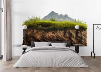 Piece of island with soil, stone and grass layers on isolated white background, generative ai Wall mural