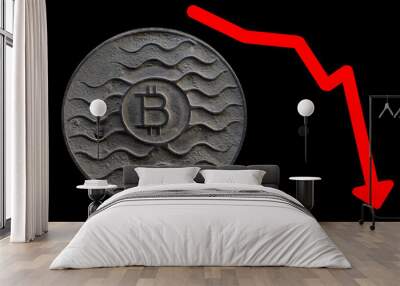 Coin bitcoin is rusty. Isolated On Black Wall mural