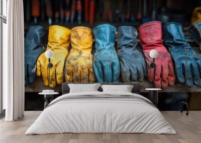 A row of six work gloves, yellow, blue, black, red, black, tan, with dirt on them, sit on a wooden shelf. Wall mural