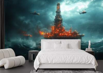 An oil rig is battered by a storm at sea, with two helicopters hovering overhead. Wall mural