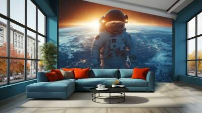 Astronaut Floating in Space Above Earth Wall mural