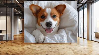 Cute Dog Smiling in Bed Wall mural