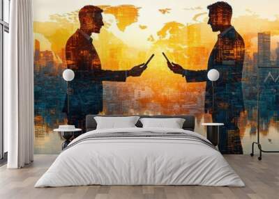 Global Business Connection: Two businessmen in silhouette, holding smartphones, with a cityscape and world map overlay, signifying global connectivity and communication in the business world. Wall mural