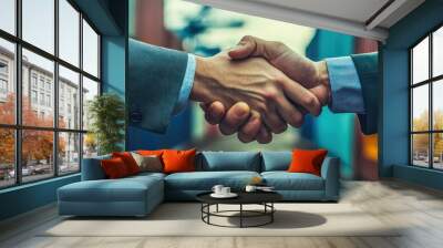 Handshake of Two Businessmen in Front of Shipping Containers Wall mural