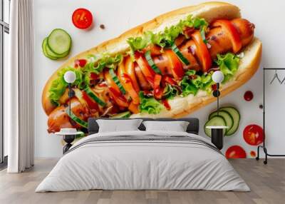 hot dog with vegetables, white background Wall mural