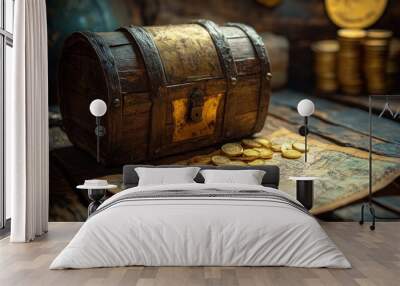 Treasure Chest with Gold Coins and Map Wall mural