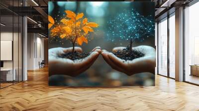 Two glowing saplings held in hands, representing growth and technology Wall mural