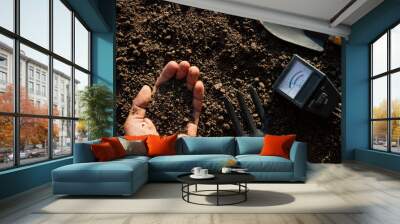 The fertile loam soil was in the hands of the man and the farming equipment was placed in it. Wall mural