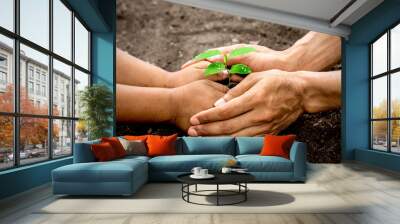 The hand of men and children are helping to plant seedlings into fertile soil, ecology concept. Wall mural