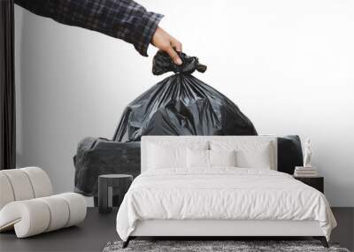 The man's hand is throwing the trash into the plastic bin. Wall mural