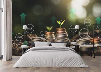 The seedlings are growing on the coins placed on the ground, thinking about financial growth. Wall mural