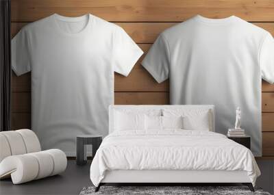 white t shirt  blank mockup on woody background. Dual side mockup. Front side and backside blank space.  Wall mural