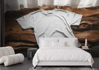 white t shirt blank mockup on woody background. Dual side mockup. Front side and backside blank space Wall mural