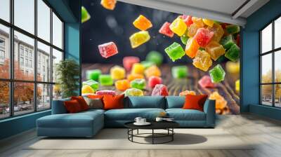 Falling candied fruit with multicolored pineapple and selective focus Wall mural