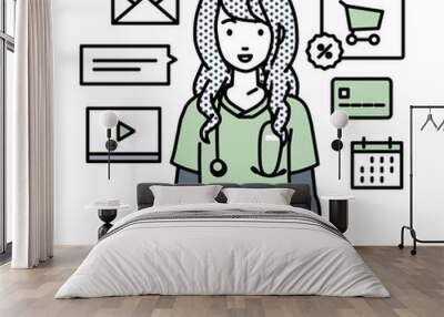 デスクで座ってPCでネットショップやマーケティングの仕事をしている看護師の女性 Wall mural