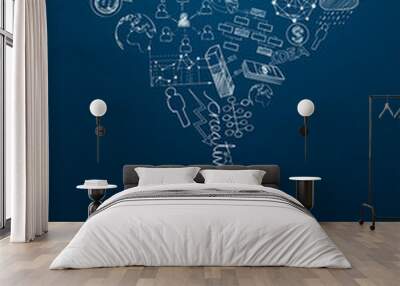 head idea concept with light bulbs on blue background Wall mural